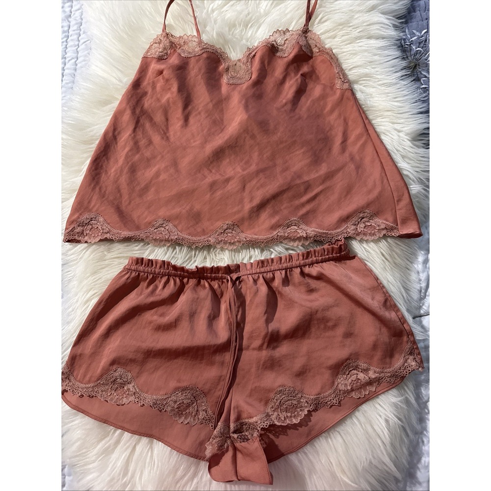 Victoria's Secret Satin Lace-Trim Cami & Shorts Set Small Antique Peach Lace Tri